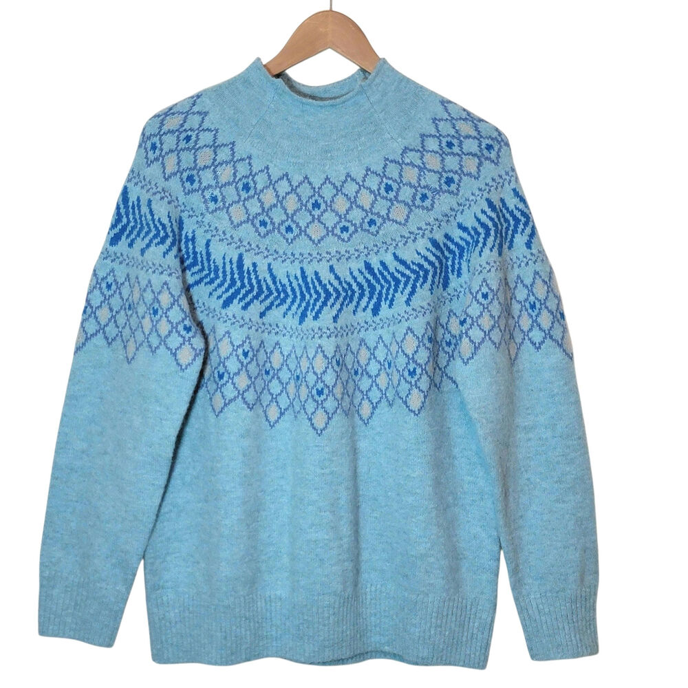 Coldwater Creek Glacial Glow Fair Isle Mock Neck Sweater Pullover Blue M NWT